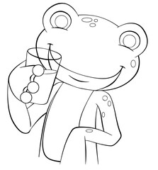 Frog with a cup of milk. Element for coloring page. Cartoon style.