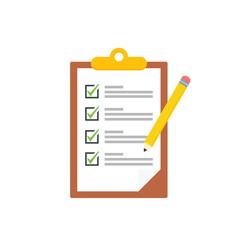 Clipboard with checklists, questionnaires, feedback, assessments and pencil icons in a simple design. - obrazy, fototapety, plakaty