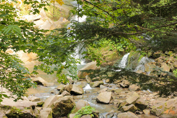 Fototapeta premium Stream, river, waterfall in the forest in Carpathians mountains in Ukraine. Summer, autumn, spring landscape. Travel, tourism, camping concept