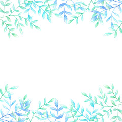 A frame of twigs with leaves painted with watercolor pencils, highlighted on a white background.
