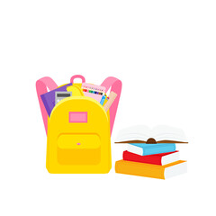 classroom school supplies stationery, pencil case, pen, pile of books, photorealistic literature,notebook, notebook textbook,school bag,Palettes and brushes in art,colored pencils. vector illustration