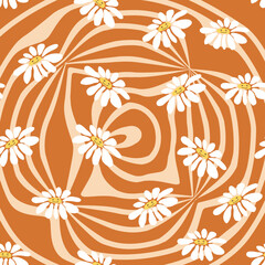 Fototapeta na wymiar Groovy daisy retro seamless pattern. Retro Smile Chamomile Pattern on 1970 Hippie Aesthetic.