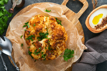 Baked cauliflower. Oven or whole baked cauliflower spices and herbs server on wooden rustic board on old gray background table. Delicious cauliflower. Eyal Shani dish. Perfect tasty snack.