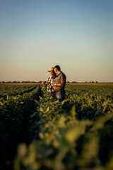 Two farmers in a field examining soy crop at sunset.	
