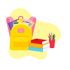 classroom school supplies stationery, pencil case, pen, pile of books, photorealistic literature,notebook, notebook textbook,school bag,Palettes and brushes in art,colored pencils. vector illustration