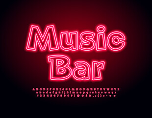 Vector bright Emblem Music Bar. Funny Neon Font. Electric Red Alphabet Letters and Numbers set. 
