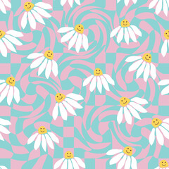 Retro Smile Chamomile Seamless Pattern on 1970 Wavy Swirl Seamless Pattern. Hippie Aesthetic.