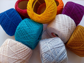 balls of wool, embroidery thread, sewing and embroidery tools, colorful, handmade.