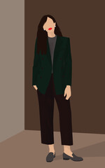Brunette with long hair in a trouser suit. Vector flat image of a girl in a green jacket, brown pants and gray loafers. Design for avatars, posters, backgrounds, templates, textiles.