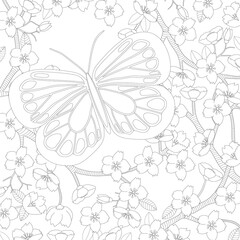 Butterfly and flowers coloring page. Coloring book page for adults or kids. Hand-drawn art.