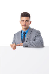 Business man in suit with banner