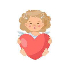 A charming curly-haired cupid girl (angel) is sitting with a huge red heart in her hands