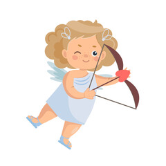 Cute curly-haired cupid girl (angel) shoots love arrows from a bow