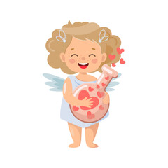 Cute curly-haired cupid girl (angel) with a bottle of love potion in his hands