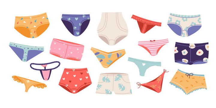 Set of Women Panties. Types of women's underwear. String, tanga, bikini, cheeky, hipster, slimming briefs. Flat vector illustration
