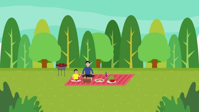 Three generation family camping in green forest