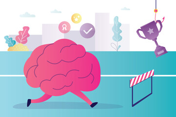 Brain training. Concept of intelligence development and iq increase. Character overcomes difficulties on way to victory