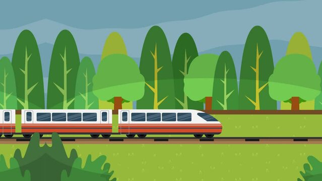 Train moving fast near the green forest