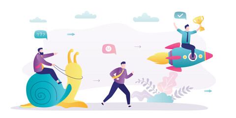 Fototapeta premium Man on snail trying to catch up with rivals. Entrepreneur on rocket wins business competition