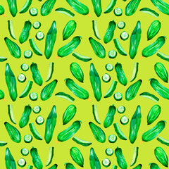 Sliced cucumber green vegetables watercolor seamless pattern