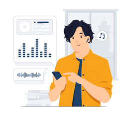 Listening to the music in headphones, choosing sound track, song, play list, podcast on phone concept illustration