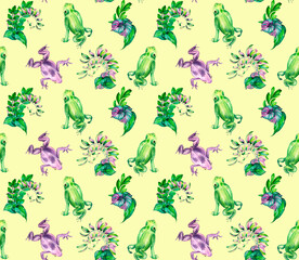 Multicolor bent branch with frogs watercolor seamless pattern isolated.