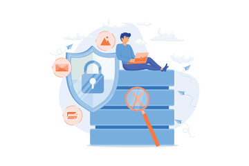 Protection shield with lock, magnifier and users working with protected data. Internet security, privacy and data protection, safe work concept. flat vector modern illustration
