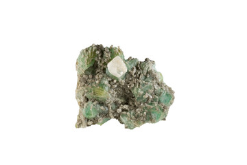 A sample of a natural mineral Calcite (carbonate class) quartz on a druse of green datolite crossed with papirspat. Museum Mineral Series. Mineralogical sample isolated on white
