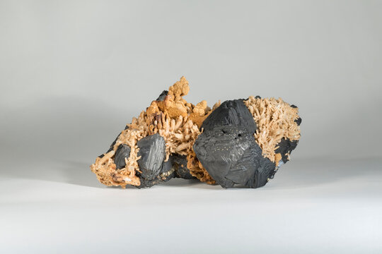 A sample of a natural mineral Sphalerite, zinc sulfide (sulfide class) combined with quartz and siderite. Museum Mineral Series. Mineralogical sample