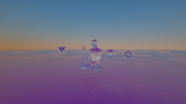 looped 3d animation meditation of a translucent yogi at dawn