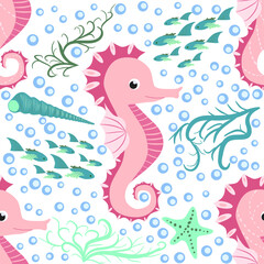 Naklejka premium Seahorse and starfish seamless pattern. Sea life summer background. Cute sea life. Design for fabric and decor