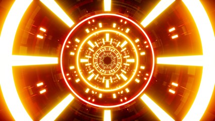 Red glowing cyber tunnel with yellow light beams