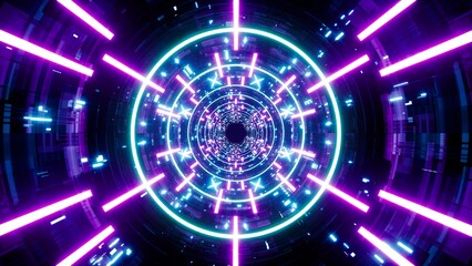 Cyber ​​tunnel background with neon beams and circle lights