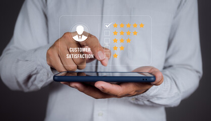 Man give rating to service experience on online application. Customer review satisfaction feedback survey concept.
