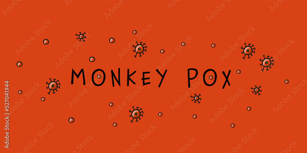 Wall mural Monkeypox 2022 virus - disease transmitted by monkey. Concept art banner for your design. Monkey family with mask on face. Vector illustration