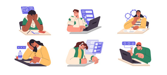 Fototapeta premium Students at online exams, paper tests set. People at examination at laptop computers. Education, checking knowledge for college concept. Flat graphic vector illustrations isolated on white background