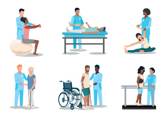 The patient undergoes orthopedic rehabilitation with a physiotherapist. Physiotherapy. Thank you doctors and nurses. Restoring health after illness and injury. Set of flat vector illustration.