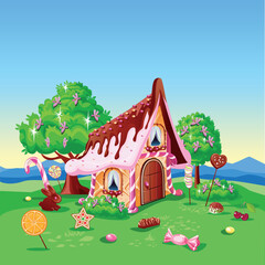 Sweet house with chocolate, waffles and cookies, decorated with sweets in candy land. Fairy tale background with gingerbread house in cartoon style vector illustration.