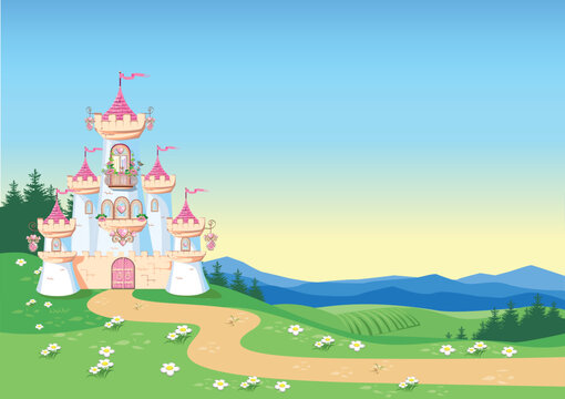 Fairytale background with princess castle in blooming valley. Castle with pink flags, jeweled hearts, rooftops, towers and gates in a beautiful landscape. Vector illustration for a fairy tale.