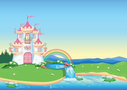 Fairytale background with princess castle near the waterfall in blooming valley. Castle with pink flags, jeweled hearts, rooftops, towers and gates in a beautiful landscape. Vector illustration for a 
