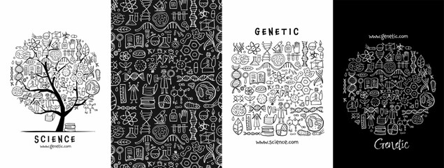 Genetic, Biology, medicine - concept arts collection. Frame, pattern, tree. Set for your design project - cards, banners, poster, web, print, social media, promotional materials. Vector illustration