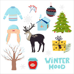Vector set of holiday iconsgift, deer, sweater, hat, tree, house, gift, tree, jam. Kids illustration for Christmas time. Scrapbook collection. Winter greeting card. Happy New Year.