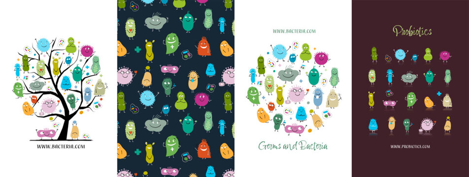 Concept Art set, funny and scary bacteria characters. Frame, background, tree, icons. Set for your design project - cards, banners, poster, web, print, social media, promotional materials. Vector