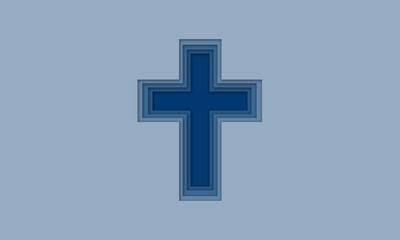 3D abstract blue Christian religion cross symbol icon with paper cut shapes.