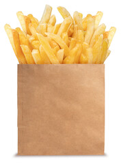 French fries in  paper isolated on white background, French fries on white With png file.