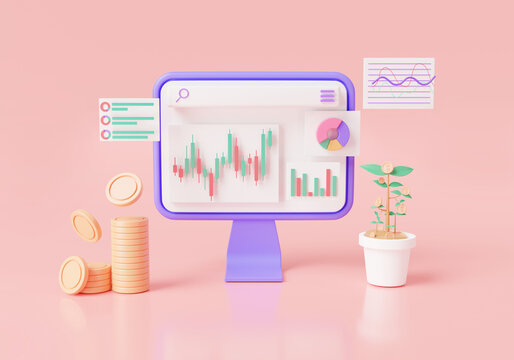 Stock and forex trading on pc screen with trading chart for stock exchange market, bar chart, graph and coin stack, cryptocurrency. Growing financial index, online trading. 3d icon render illustration