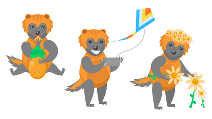 Set Abstract Collection Flat Cartoon Different Animal Wolverines Picking Flowers, Launches A Kite, Eating Pineapple Vector Design Style Elements Fauna Wildlife