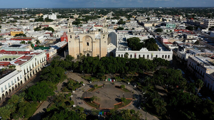 Aerial view over the Merida city hall, zocalo or plaza grande to the cathedral San Ildefonso in...