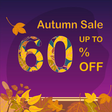 Discount of up to sixty percent. Template ready for autumn sale. Vector autumn leaves and harmonious purple background. For store, clothing, market and all sales places.
