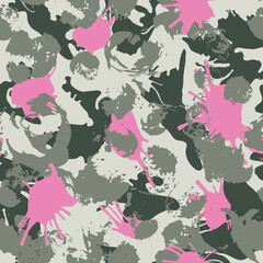 Obraz na płótnie Canvas Trendy camouflage style abstract seamless pattern in grey, pink colors. Vector illustration. Printable. Military pattern with hand painted spots, stains, splashes.